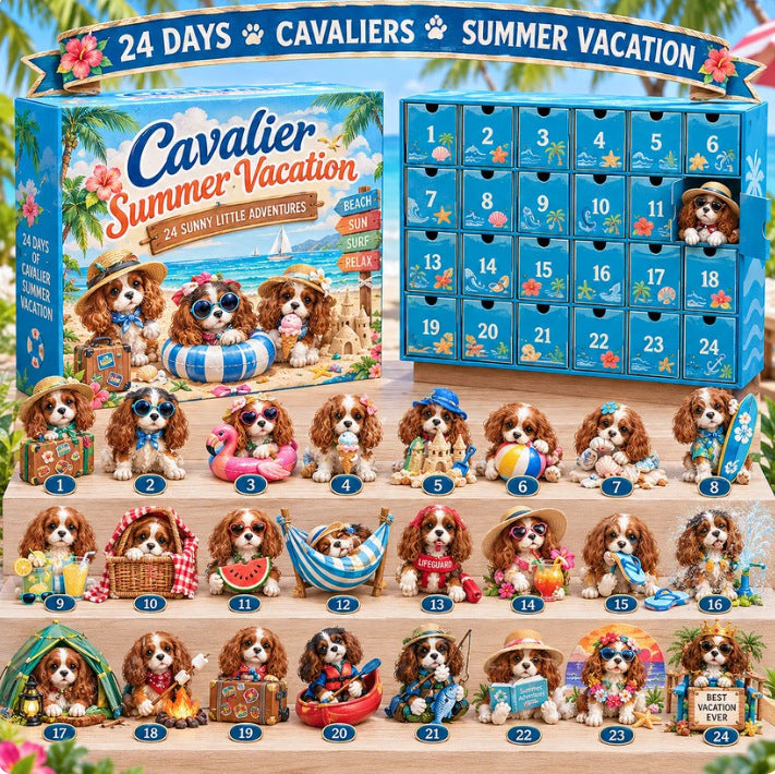 CHRISTMAS KICKOFF 49% OFF - 2026 Cavalier Summer Vacation Advent Calendar - 24‑Day Festive Countdown, Beach Holiday Themed Cavalier Collectible Miniatures Blind Box - Gift For Summer & Dog Lovers
