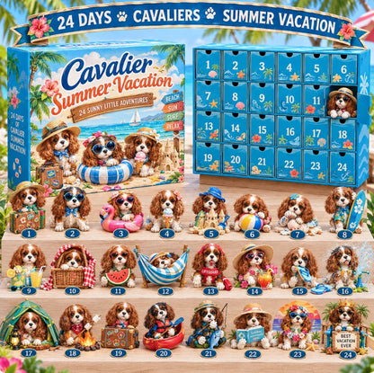 CHRISTMAS KICKOFF 49% OFF - 2026 Cavalier Summer Vacation Advent Calendar - 24‑Day Festive Countdown, Beach Holiday Themed Cavalier Collectible Miniatures Blind Box - Gift For Summer & Dog Lovers