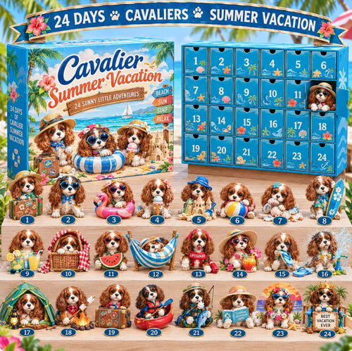 CHRISTMAS KICKOFF 49% OFF - 2026 Cavalier Summer Vacation Advent Calendar - 24‑Day Festive Countdown, Beach Holiday Themed Cavalier Collectible Miniatures Blind Box - Gift For Summer & Dog Lovers