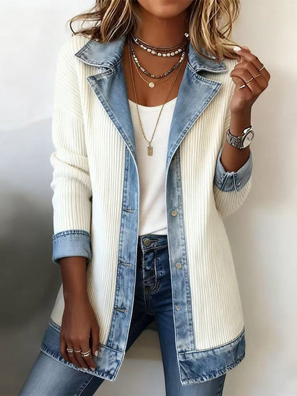 Women's Faux‑Layer Denim Trim Ribbed Open‑Front Cardigan