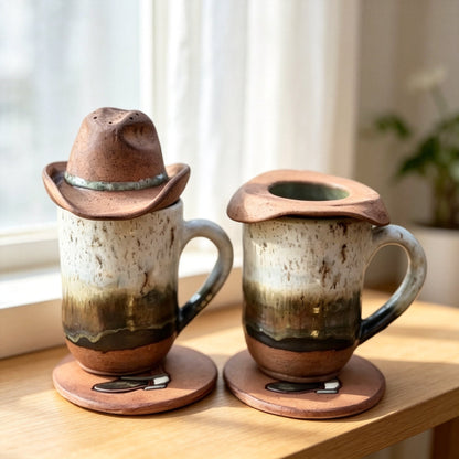 🤠 Cowboy Hat Ceramic Tea Mug Set | Western Handmade Cup with Hat Tea Strainer & Cowboy Boot Coaster, Rustic Farmhouse Gift