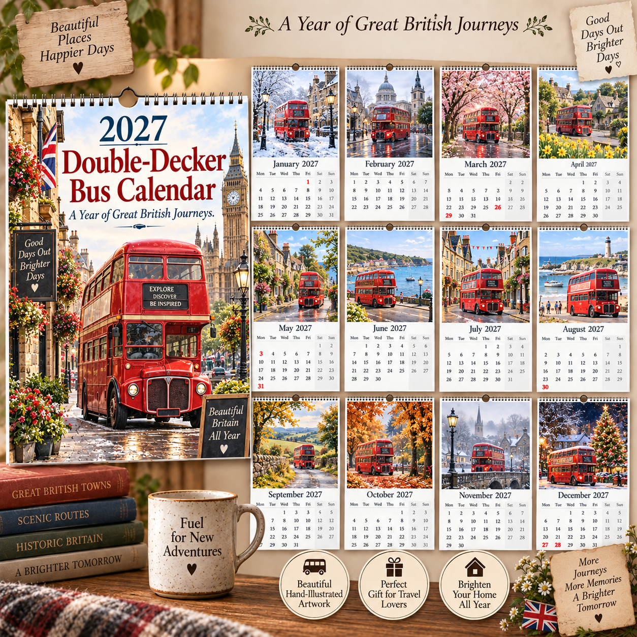 📅 2027 Double-Decker Bus Calendar - A4 Hanging Calendar