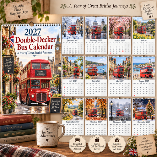 📅 2027 Double-Decker Bus Calendar - A4 Hanging Calendar