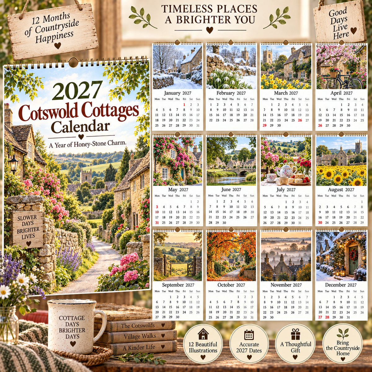 📅 2027 Cotswold Cottages Calendar - A4 Hanging Calendar