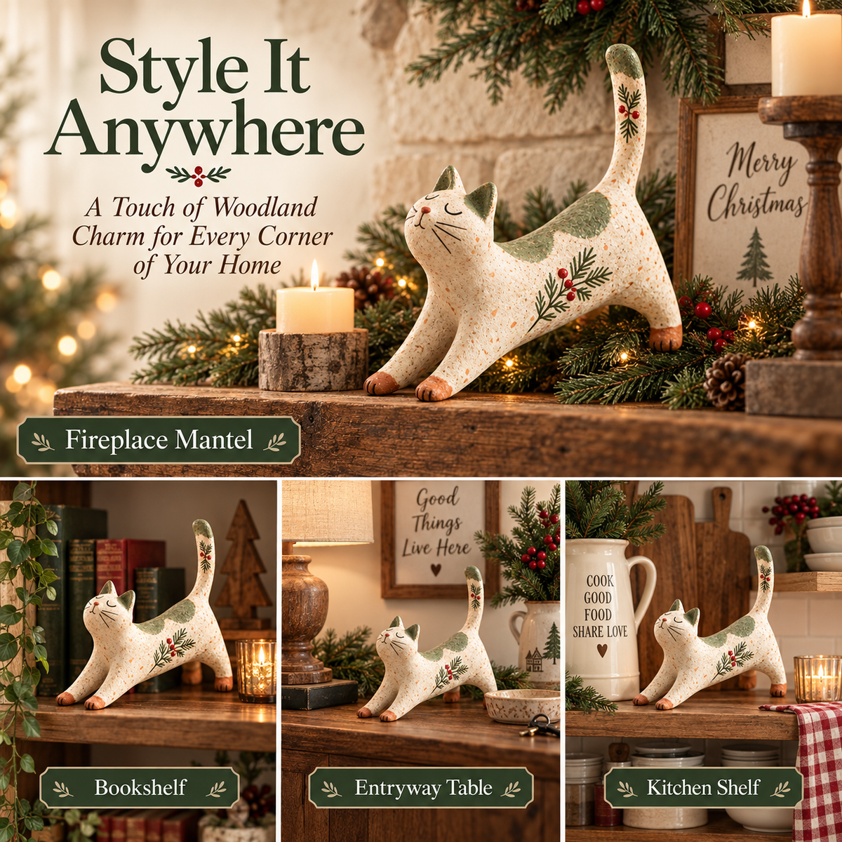 🐈🎄 Woodland Christmas Cat Figurine - a cosy little woodland friend for your holiday home