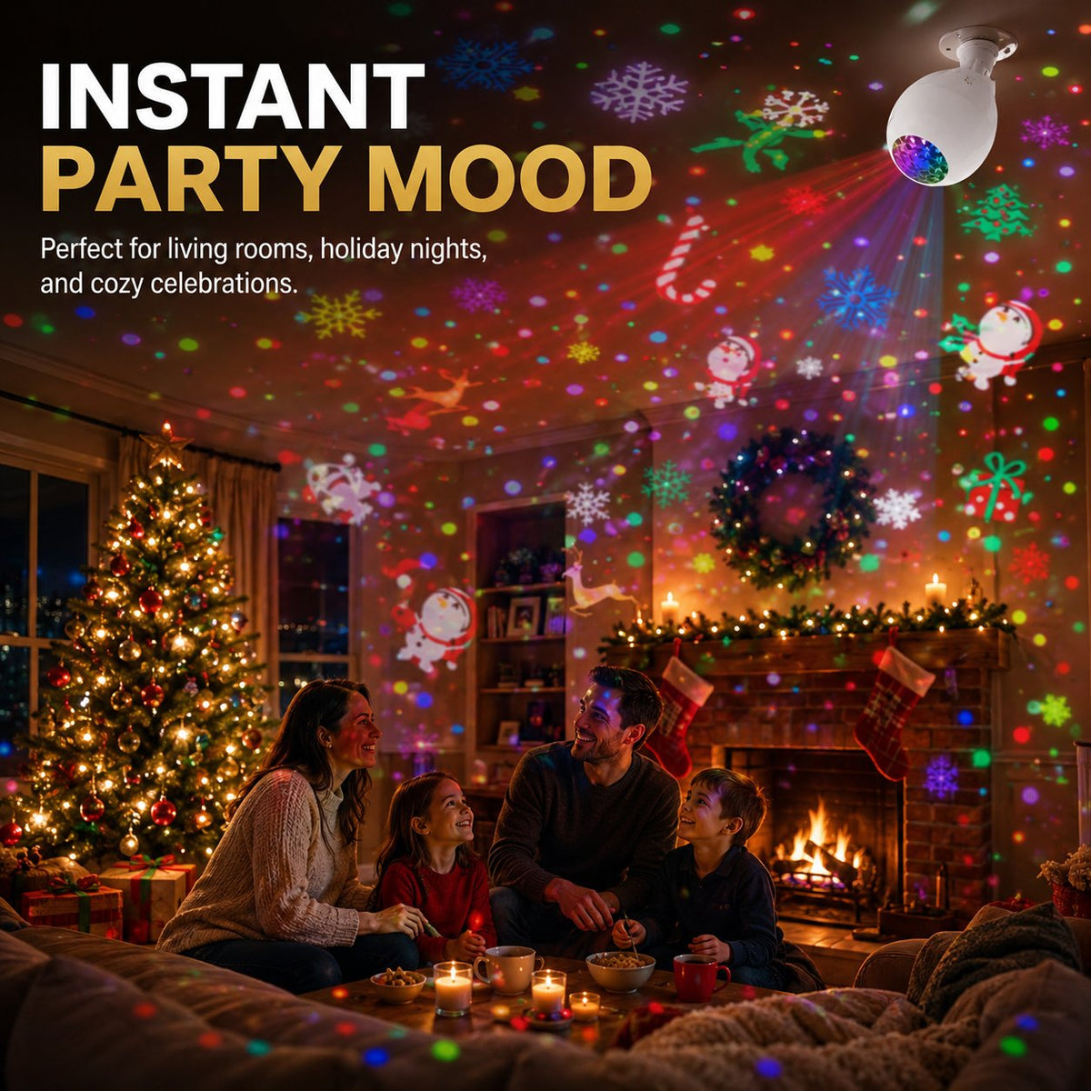 🎉🎄 Rotating Projection Light Bulb – 16 Christmas Patterns, No-Install Holiday Ambience