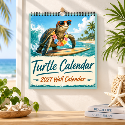 Turtle Calendar 2027 Wall Calendar | Summer Surfing Turtle, Tropical Beach Wall Calendar Gift For Turtle Lovers
