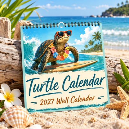 Turtle Calendar 2027 Wall Calendar | Summer Surfing Turtle, Tropical Beach Wall Calendar Gift For Turtle Lovers