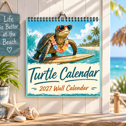 Turtle Calendar 2027 Wall Calendar | Summer Surfing Turtle, Tropical Beach Wall Calendar Gift For Turtle Lovers