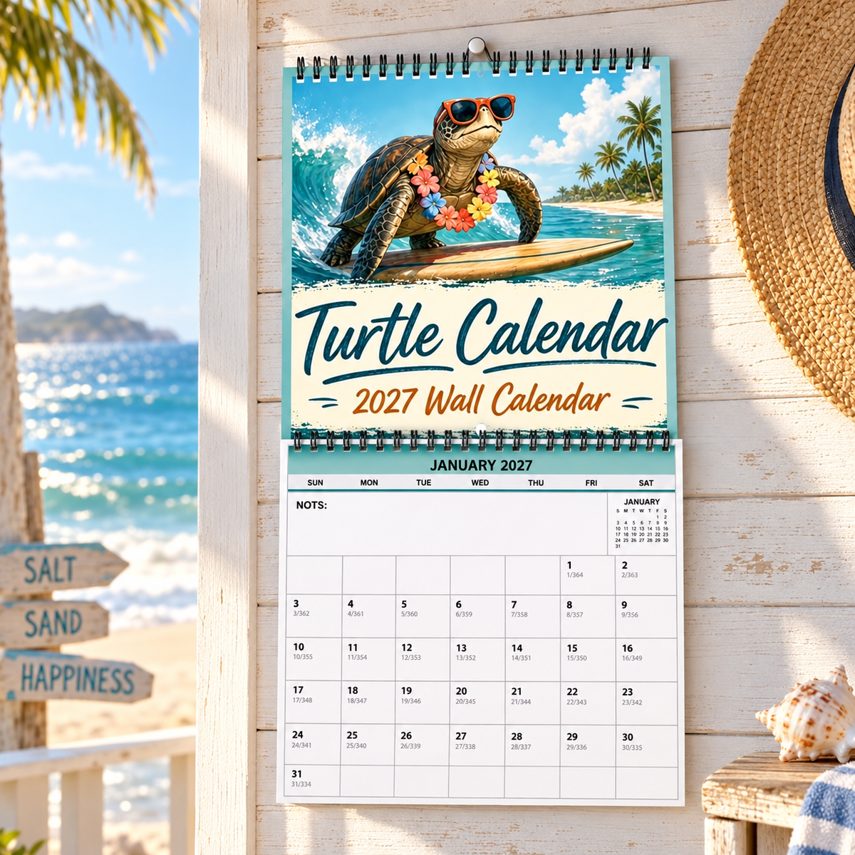 Turtle Calendar 2027 Wall Calendar | Summer Surfing Turtle, Tropical Beach Wall Calendar Gift For Turtle Lovers