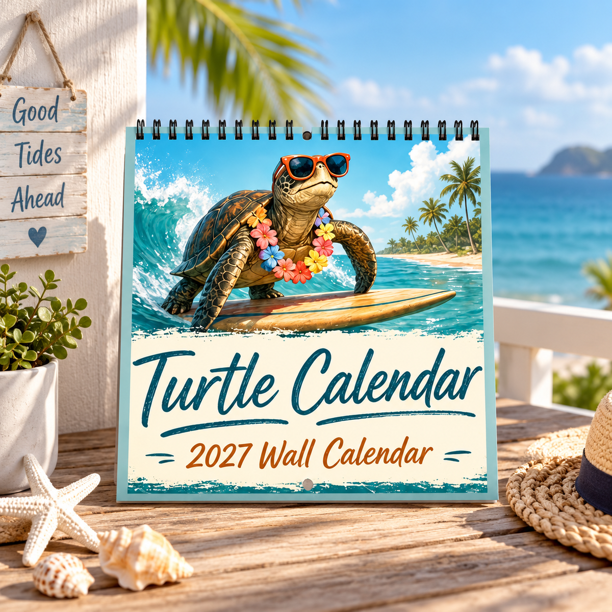 Turtle Calendar 2027 Wall Calendar | Summer Surfing Turtle, Tropical Beach Wall Calendar Gift For Turtle Lovers