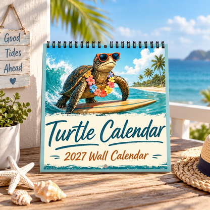 Turtle Calendar 2027 Wall Calendar | Summer Surfing Turtle, Tropical Beach Wall Calendar Gift For Turtle Lovers