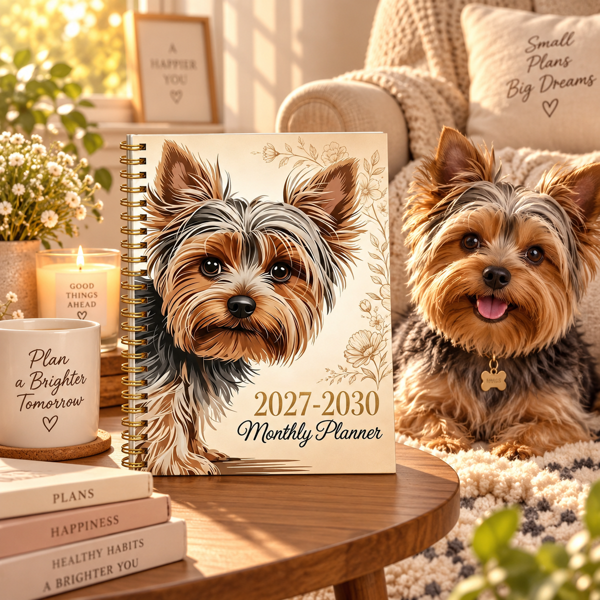 Yorkshire Terrier 2027‑2030 Monthly Planner, 4‑year Spiral Bound Notebook, Cute Yorkie Dog Floral Journal, Gift For Dog Lovers