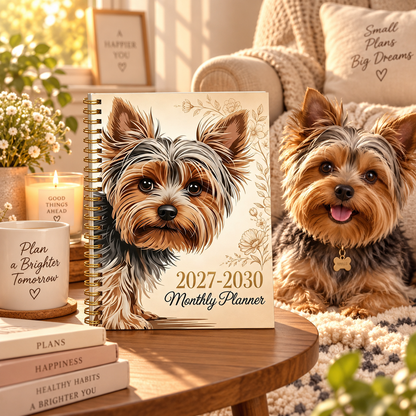 Yorkshire Terrier 2027‑2030 Monthly Planner, 4‑year Spiral Bound Notebook, Cute Yorkie Dog Floral Journal, Gift For Dog Lovers