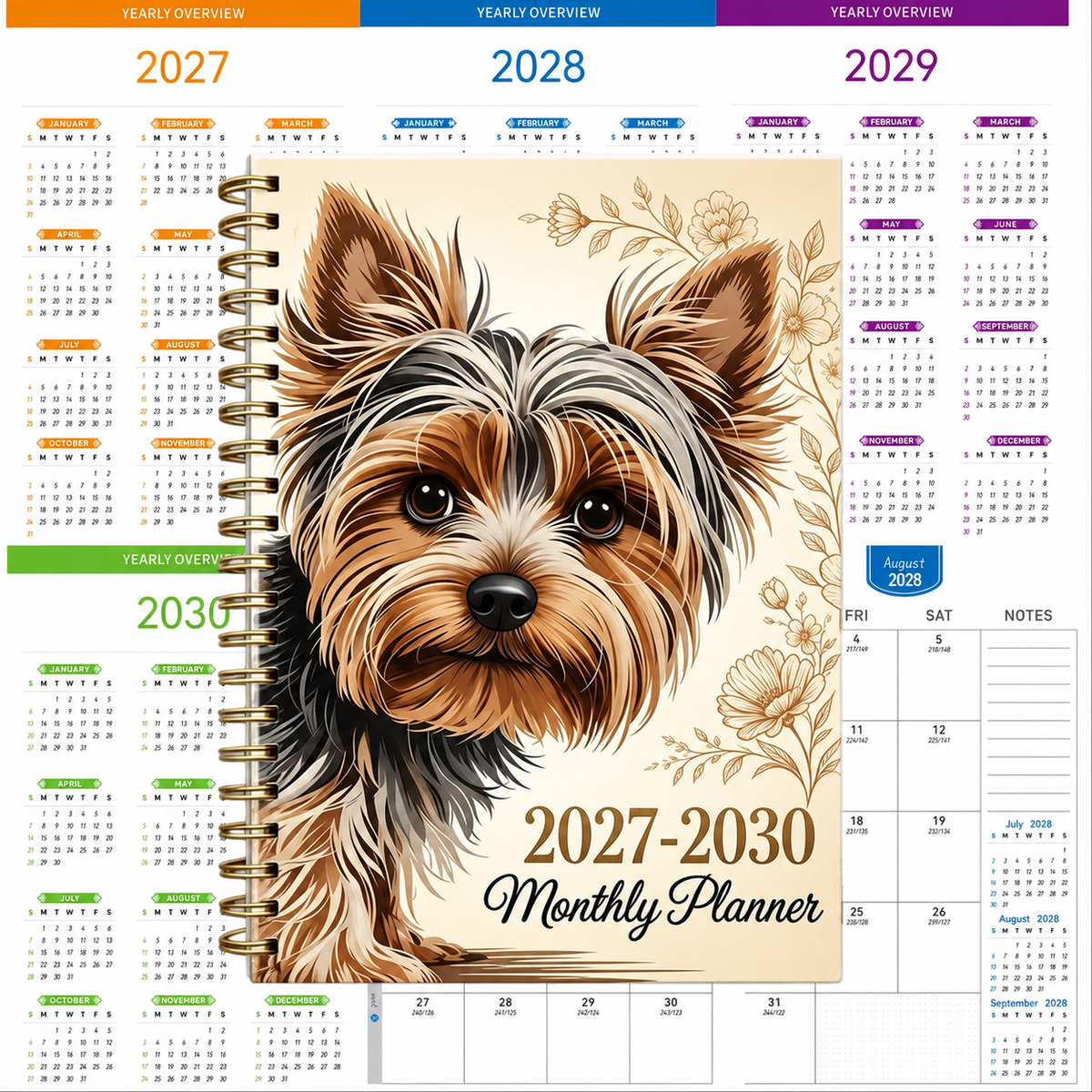 Yorkshire Terrier 2027‑2030 Monthly Planner, 4‑year Spiral Bound Notebook, Cute Yorkie Dog Floral Journal, Gift For Dog Lovers