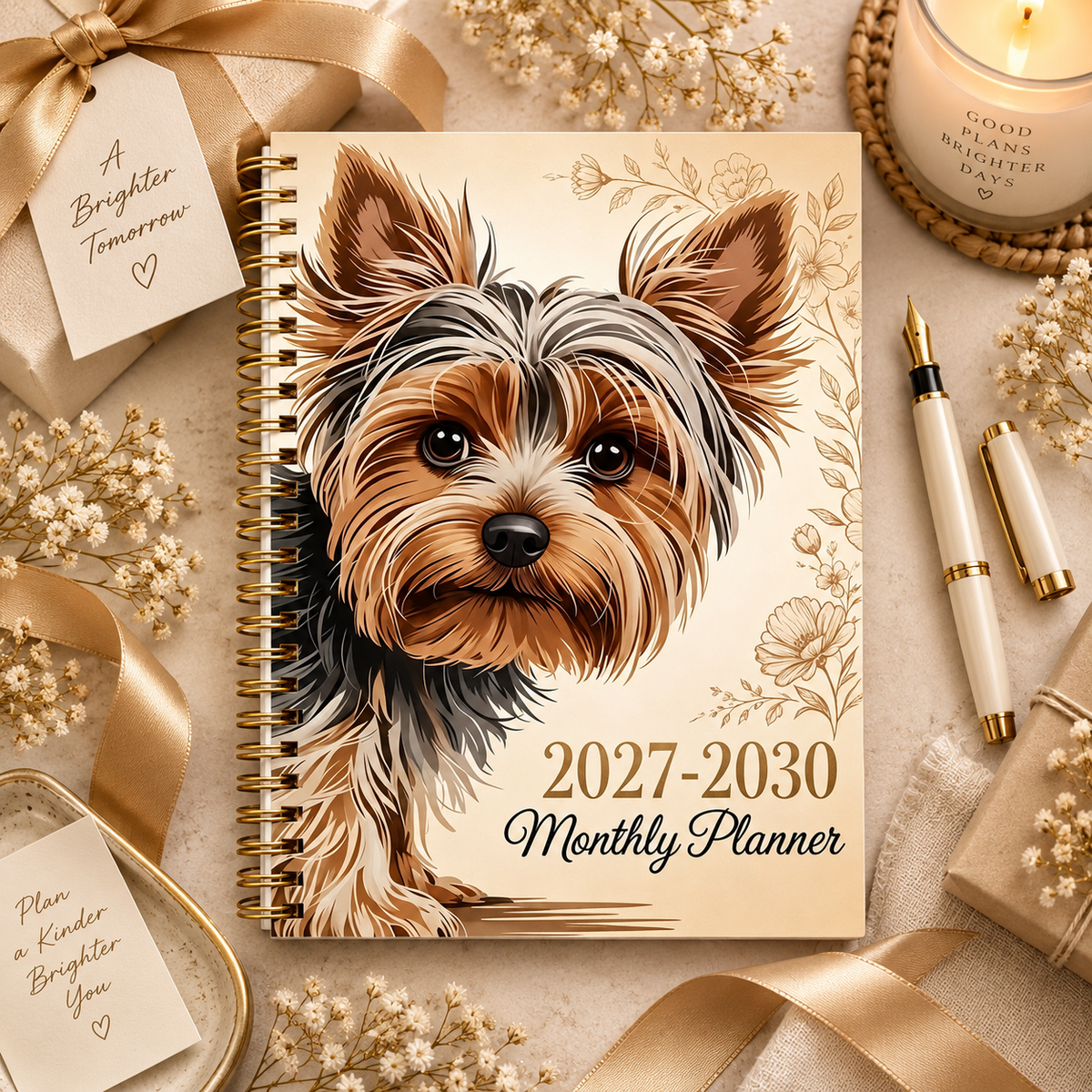 Yorkshire Terrier 2027‑2030 Monthly Planner, 4‑year Spiral Bound Notebook, Cute Yorkie Dog Floral Journal, Gift For Dog Lovers