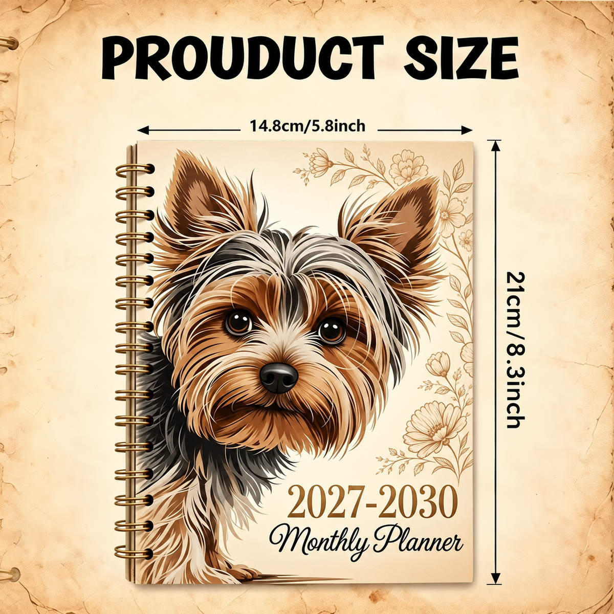 Yorkshire Terrier 2027‑2030 Monthly Planner, 4‑year Spiral Bound Notebook, Cute Yorkie Dog Floral Journal, Gift For Dog Lovers