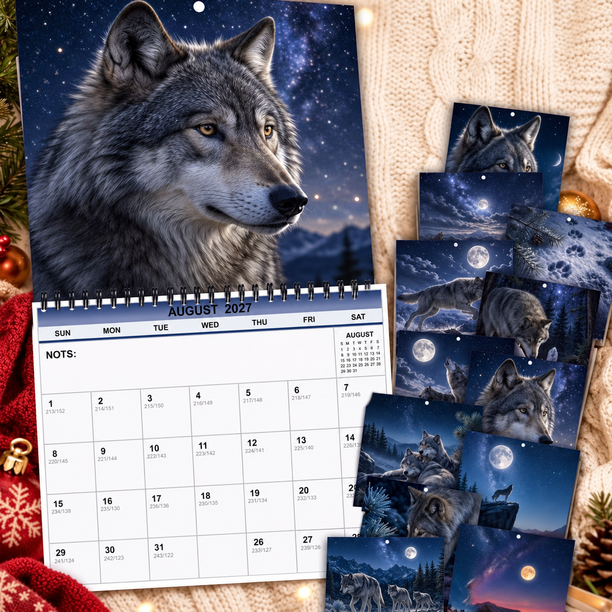 Wolves Calendar 2027 Wall Calendar – Northern Lights Wolf Calendar, Snow Mountain Wildlife Decor, Gift For Wolf Lovers