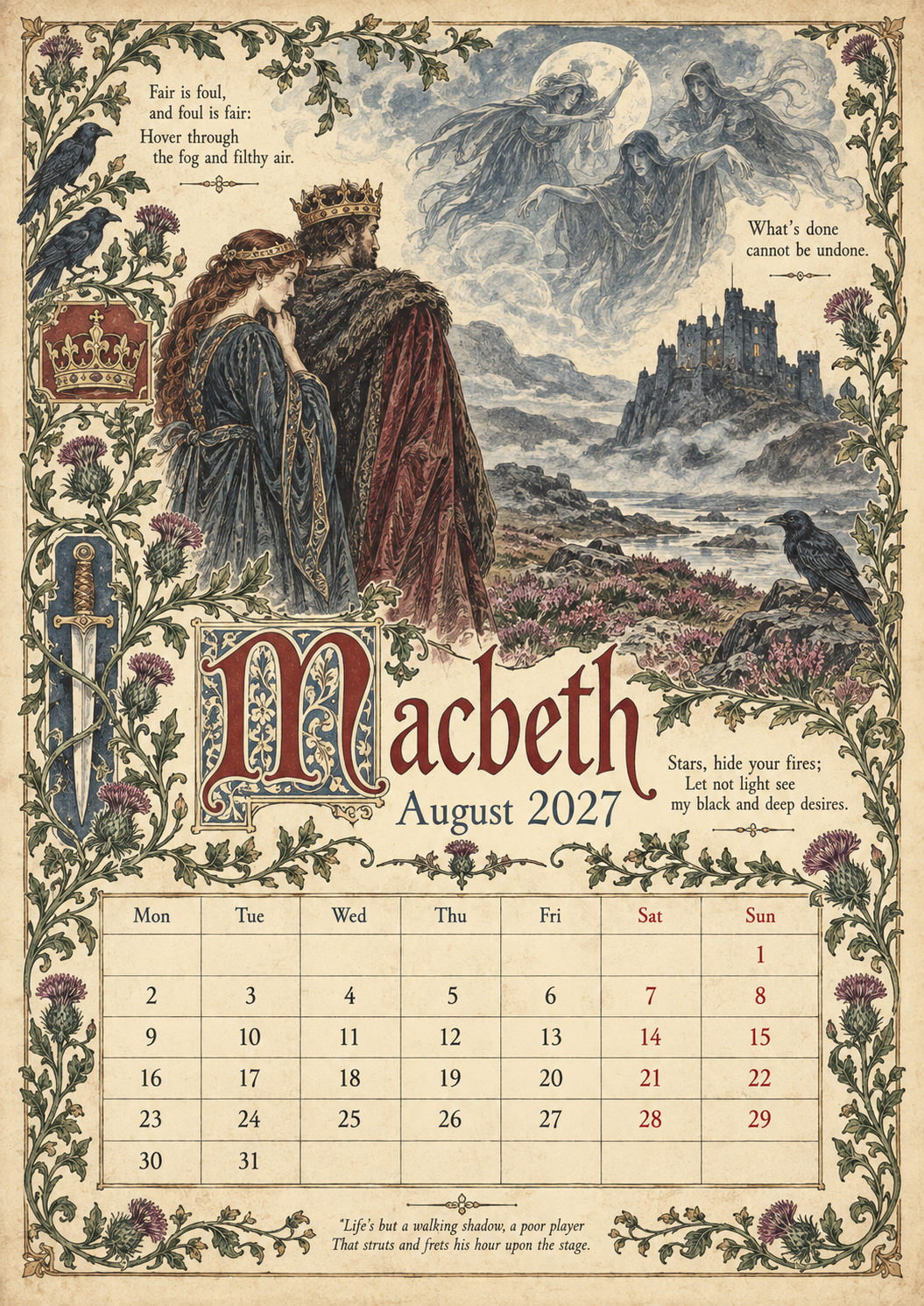 A Shakespearean Year 2027 – 12 Plays Through the Seasons | Vintage Illustrated Wall Calendar