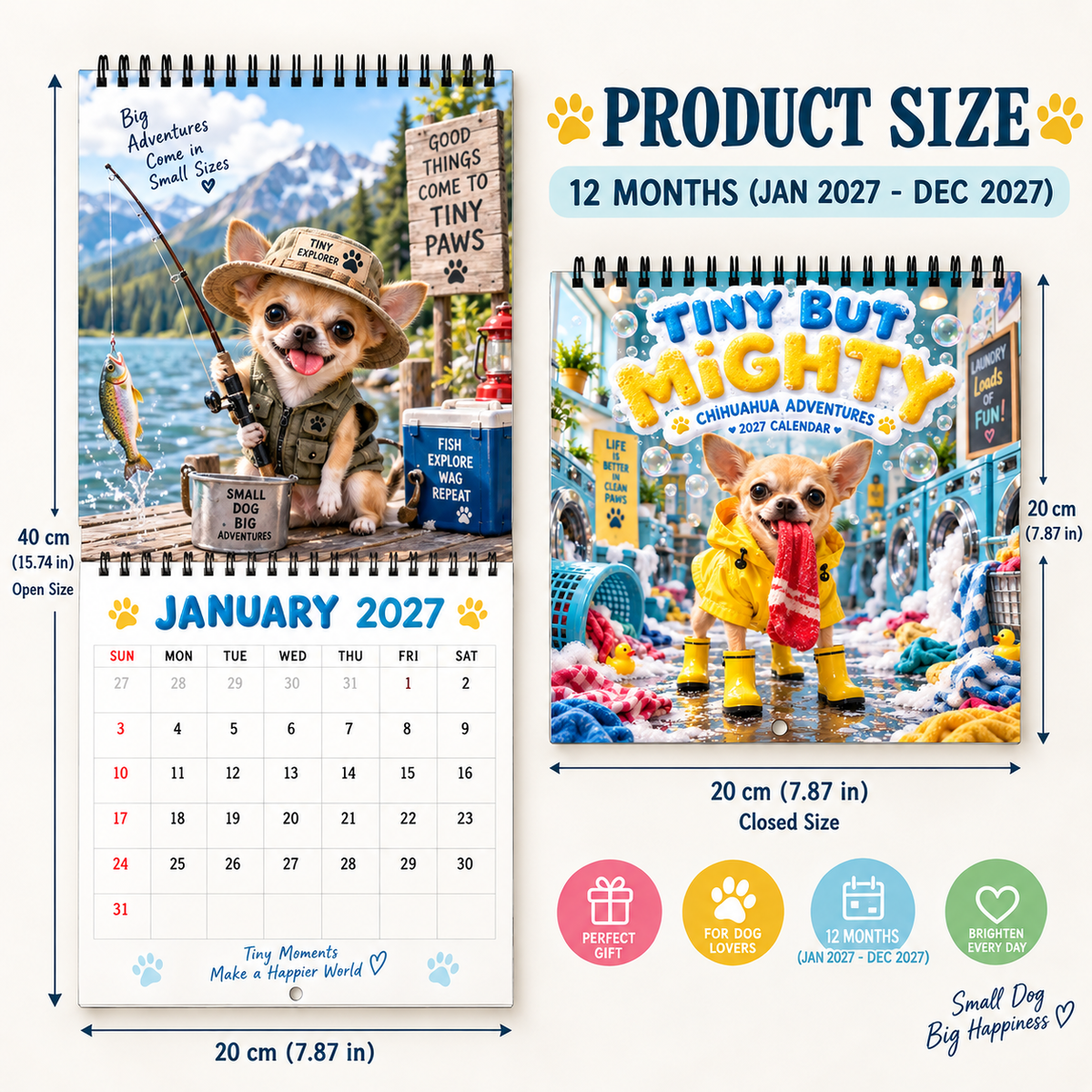 Tiny But Mighty 2027 Wall Calendar – 12-Month Chihuahua Adventures Calendar, Funny Small Dog Scenes Hanging Planner for Chihuahua & Dog Lovers