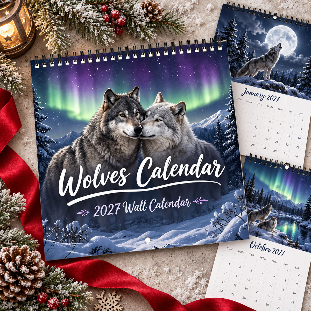 Wolves Calendar 2027 Wall Calendar – Northern Lights Wolf Calendar, Snow Mountain Wildlife Decor, Gift for Wolf Lovers