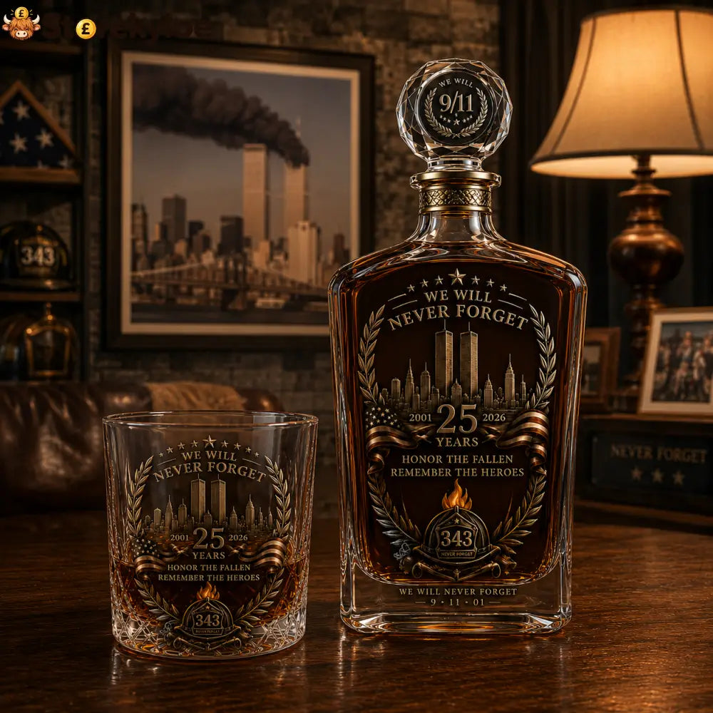 🕯️ 9/11 25th Anniversary Memorial Whiskey Decanter & Glass Gift Set – We Will Never Forget 343 Heroes Tribute