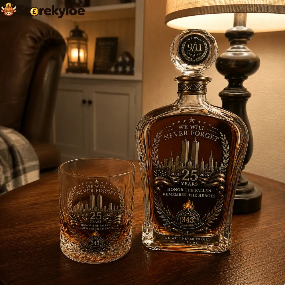 🕯️ 9/11 25th Anniversary Memorial Whiskey Decanter & Glass Gift Set – We Will Never Forget 343 Heroes Tribute