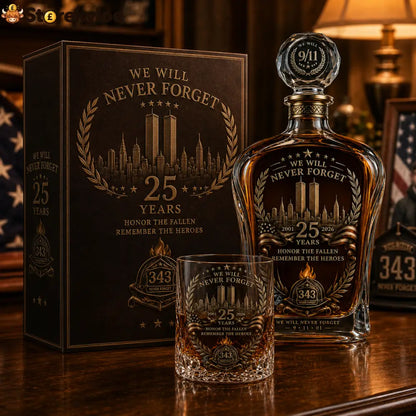 🕯️ 9/11 25th Anniversary Memorial Whiskey Decanter & Glass Gift Set – We Will Never Forget 343 Heroes Tribute - 750ml