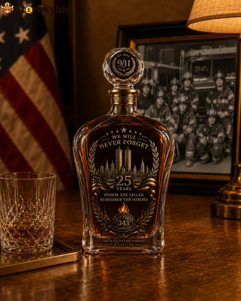 🕯️ 9/11 25th Anniversary Memorial Whiskey Decanter & Glass Gift Set – We Will Never Forget 343 Heroes Tribute - 750ml