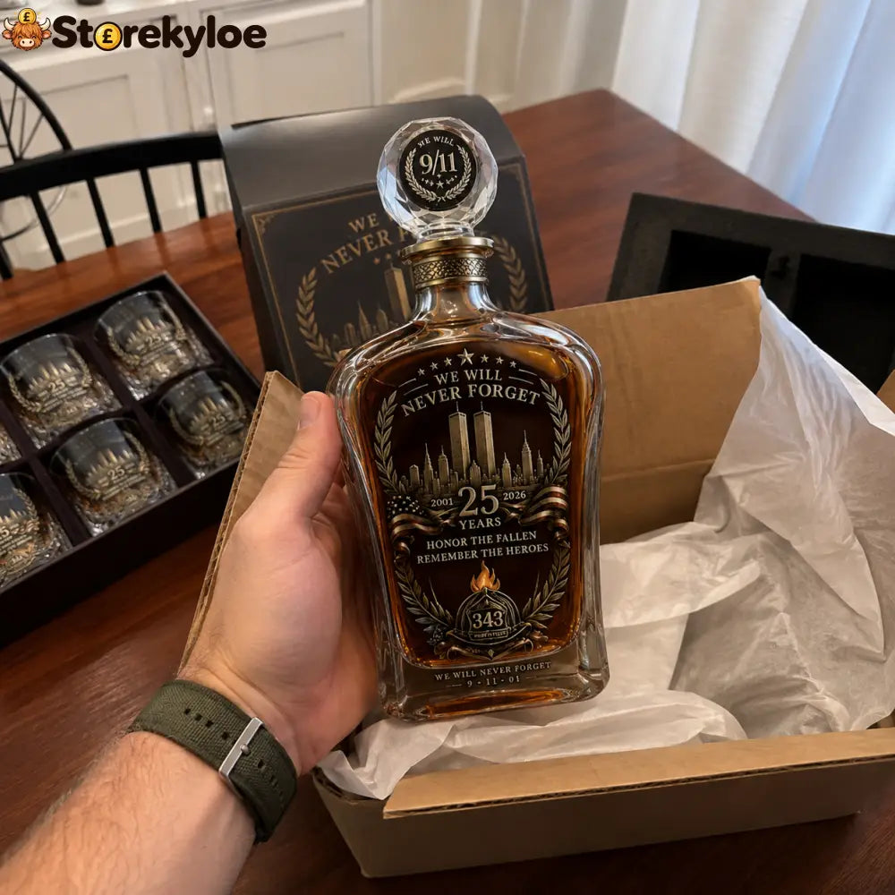 🕯️ 9/11 25th Anniversary Memorial Whiskey Decanter & Glass Gift Set – We Will Never Forget 343 Heroes Tribute