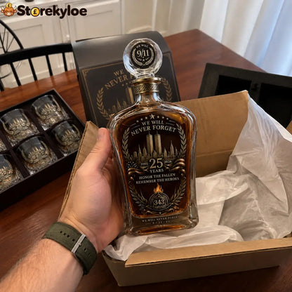 🕯️ 9/11 25th Anniversary Memorial Whiskey Decanter & Glass Gift Set – We Will Never Forget 343 Heroes Tribute