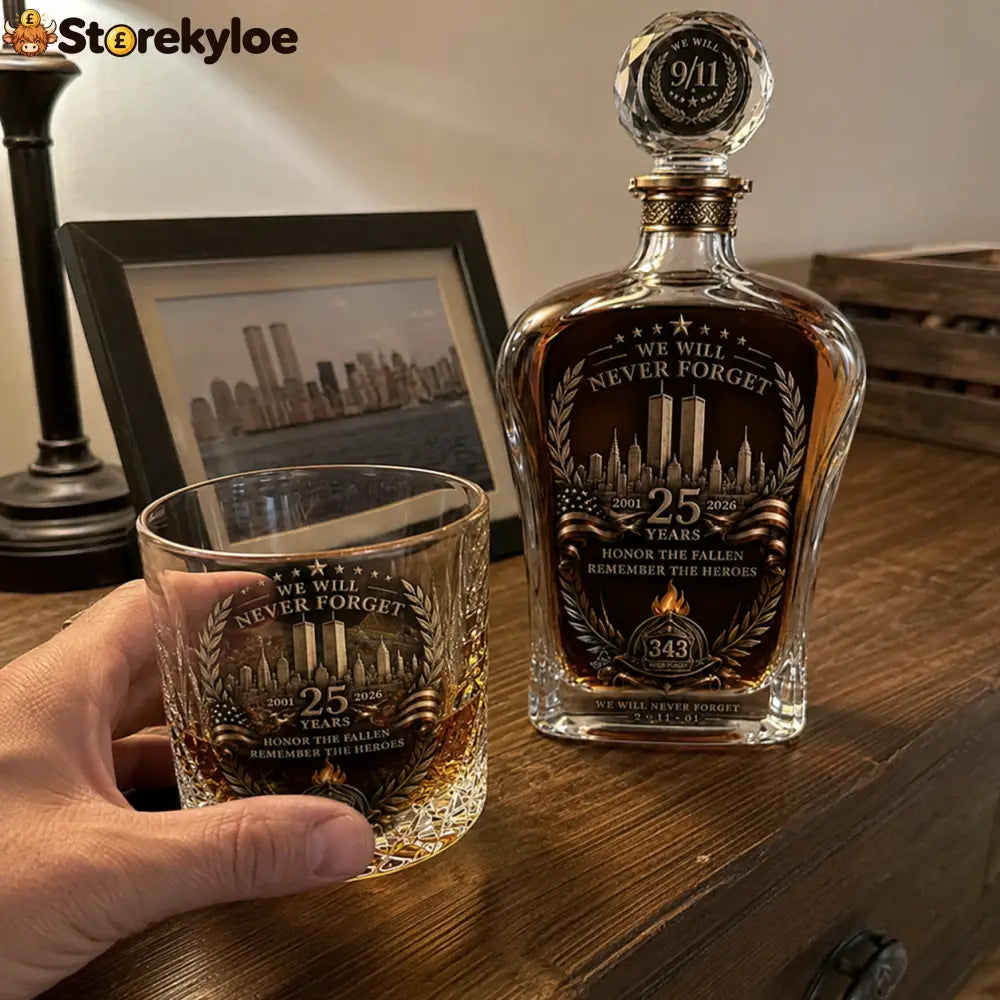 🕯️ 9/11 25th Anniversary Memorial Whiskey Decanter & Glass Gift Set – We Will Never Forget 343 Heroes Tribute