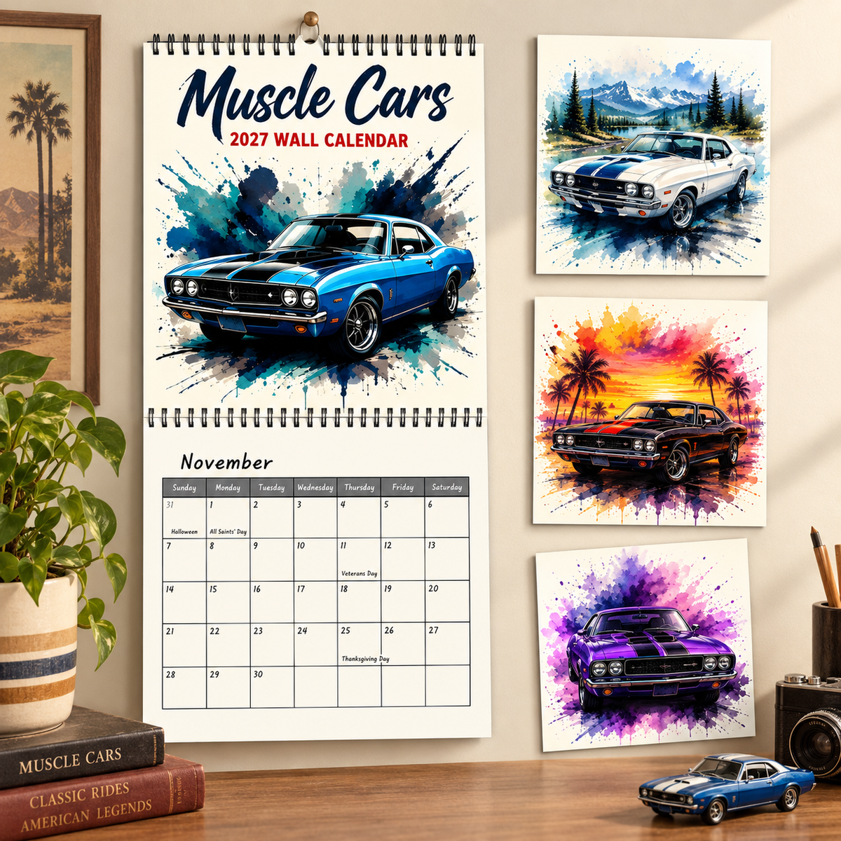 Muscle Cars 2027 Wall Calendar – Vintage Classic American Muscle Car Art Calendar, Retro Automobile Enthusiast Gift
