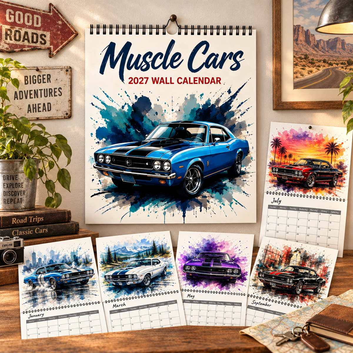 Muscle Cars 2027 Wall Calendar – Vintage Classic American Muscle Car Art Calendar, Retro Automobile Enthusiast Gift
