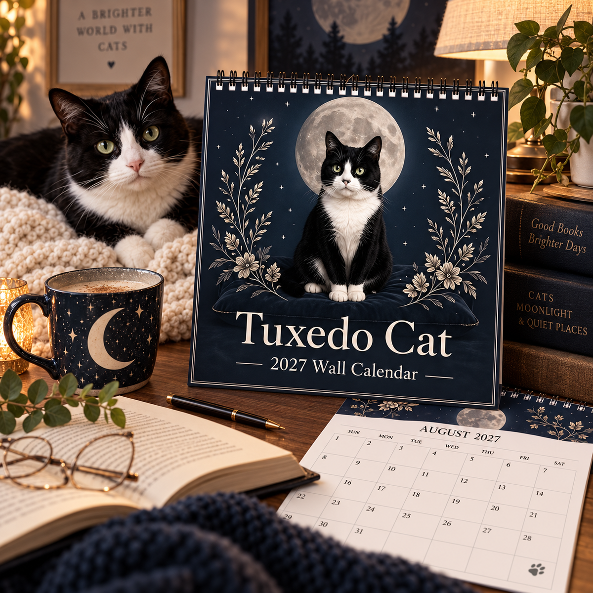 Tuxedo Cat 2027 Wall Calendar – 12‑month Mystical Black & White Cat Art Calendar, Spiral Hanging Wall Planner For Cat Lovers & Mystical‑theme Enthusiasts
