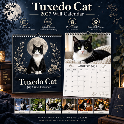 Tuxedo Cat 2027 Wall Calendar – 12‑month Mystical Black & White Cat Art Calendar, Spiral Hanging Wall Planner For Cat Lovers & Mystical‑theme Enthusiasts