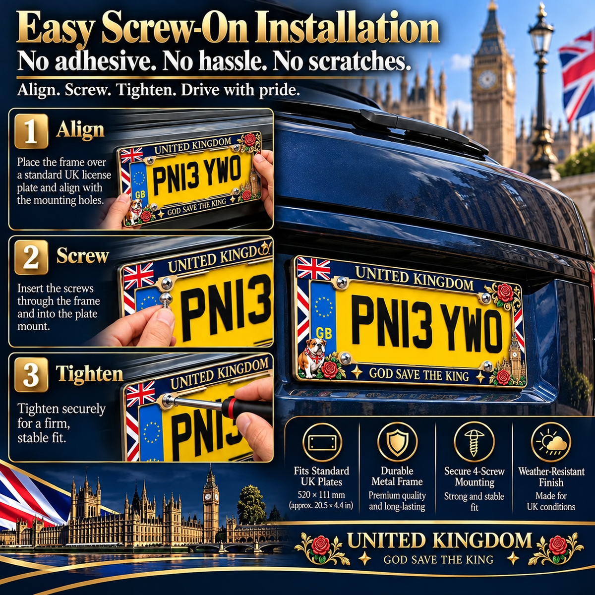 ⏳ Last Day 49% OFF – 🇬🇧 United Kingdom “God Save the King” License Plate Frame | Premium Metal, 3D Enamel Details & Secure Screw-On Fit 👑
