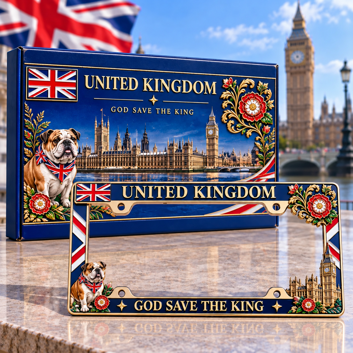 ⏳ Last Day 49% OFF – 🇬🇧 United Kingdom “God Save the King” License Plate Frame | Premium Metal, 3D Enamel Details & Secure Screw-On Fit 👑