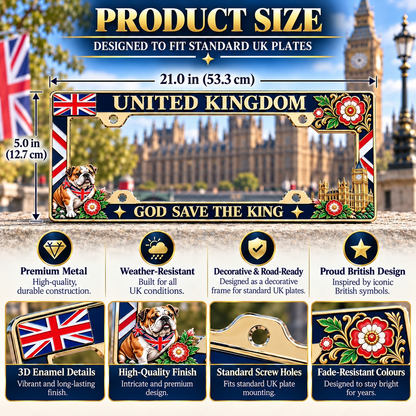 ⏳ Last Day 49% OFF – 🇬🇧 United Kingdom “God Save the King” License Plate Frame | Premium Metal, 3D Enamel Details & Secure Screw-On Fit 👑