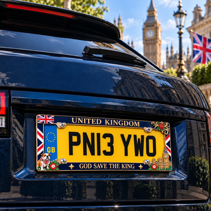 ⏳ Last Day 49% OFF – 🇬🇧 United Kingdom “God Save the King” License Plate Frame | Premium Metal, 3D Enamel Details & Secure Screw-On Fit 👑