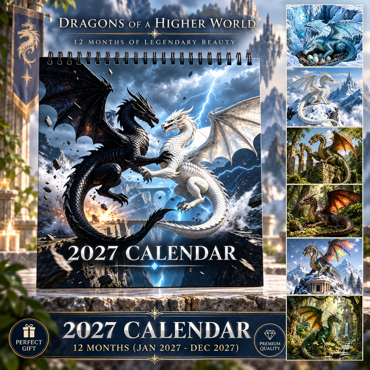 Dragons of a Higher World 2027 Wall Calendar – 12-Month Epic Fantasy Dragon Calendar, Mystical Legendary Art Hanging Planner for Dragon Lovers