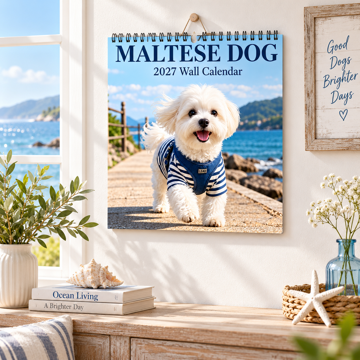 Maltese Dog 2027 Wall Calendar – Cute Bichon Maltese Calendar, Seaside & Home Style Dog Decor, Gift for Dog Lovers