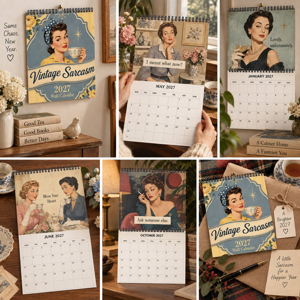 Vintage Sarcasm 2027 Wall Calendar – 12-Month Retro British Humor Calendar, Vintage Tea Party Sarcastic Quotes Hanging Planner for Retro & British Style Lovers
