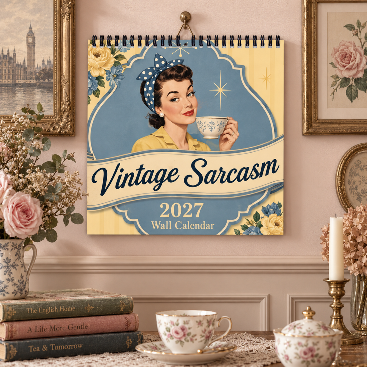 Vintage Sarcasm 2027 Wall Calendar – 12-Month Retro British Humor Calendar, Vintage Tea Party Sarcastic Quotes Hanging Planner for Retro & British Style Lovers
