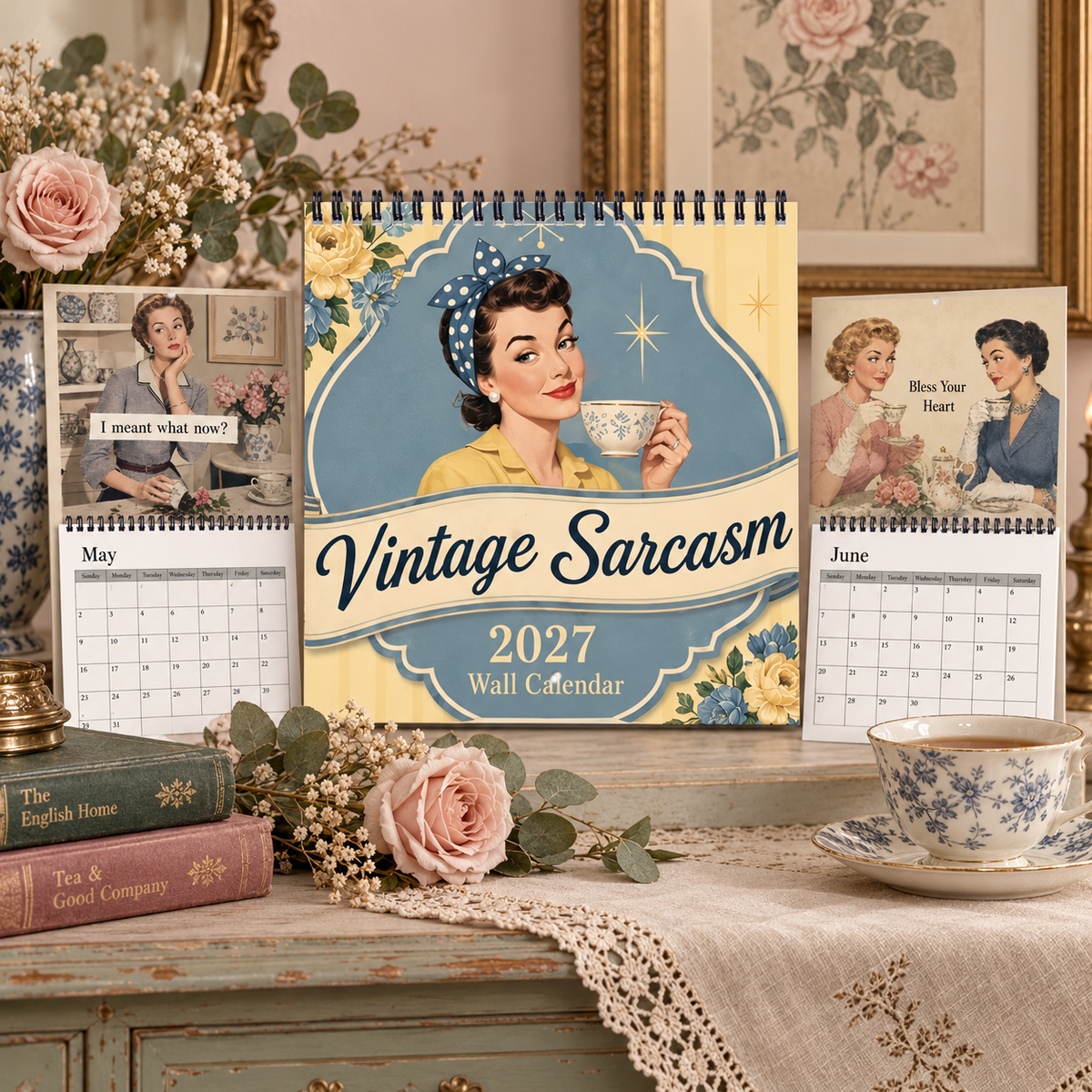 Vintage Sarcasm 2027 Wall Calendar – 12-Month Retro British Humor Calendar, Vintage Tea Party Sarcastic Quotes Hanging Planner for Retro & British Style Lovers
