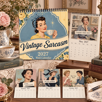 Vintage Sarcasm 2027 Wall Calendar – 12-Month Retro British Humor Calendar, Vintage Tea Party Sarcastic Quotes Hanging Planner for Retro & British Style Lovers