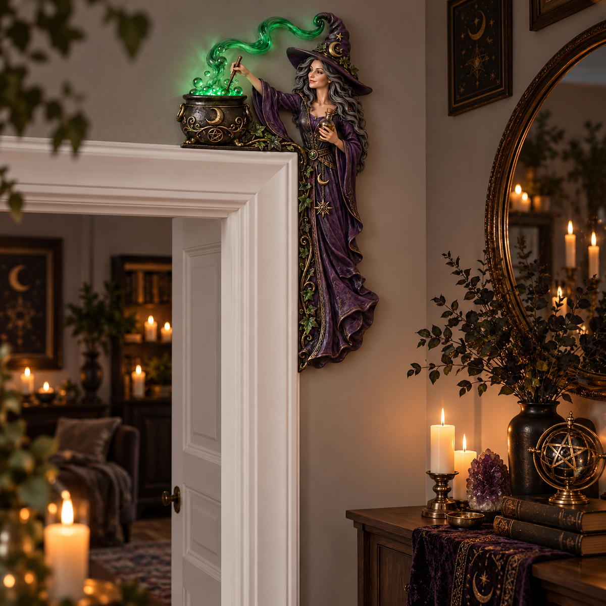 🧙♀️Enchanted Witch Door Topper – Mystical Gothic Witch Decor, Halloween Door Frame Ornament, Magical Dark Fairy Tale Home Decor for Indoor & Halloween Display
