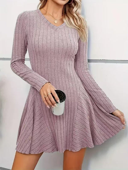 Ribbed Knit V‑Neck Long‑Sleeve Flared Mini Dress