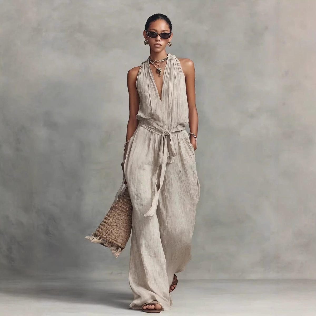 Casual Lace-Up Sleeveless Cotton Blend Jumpsuit