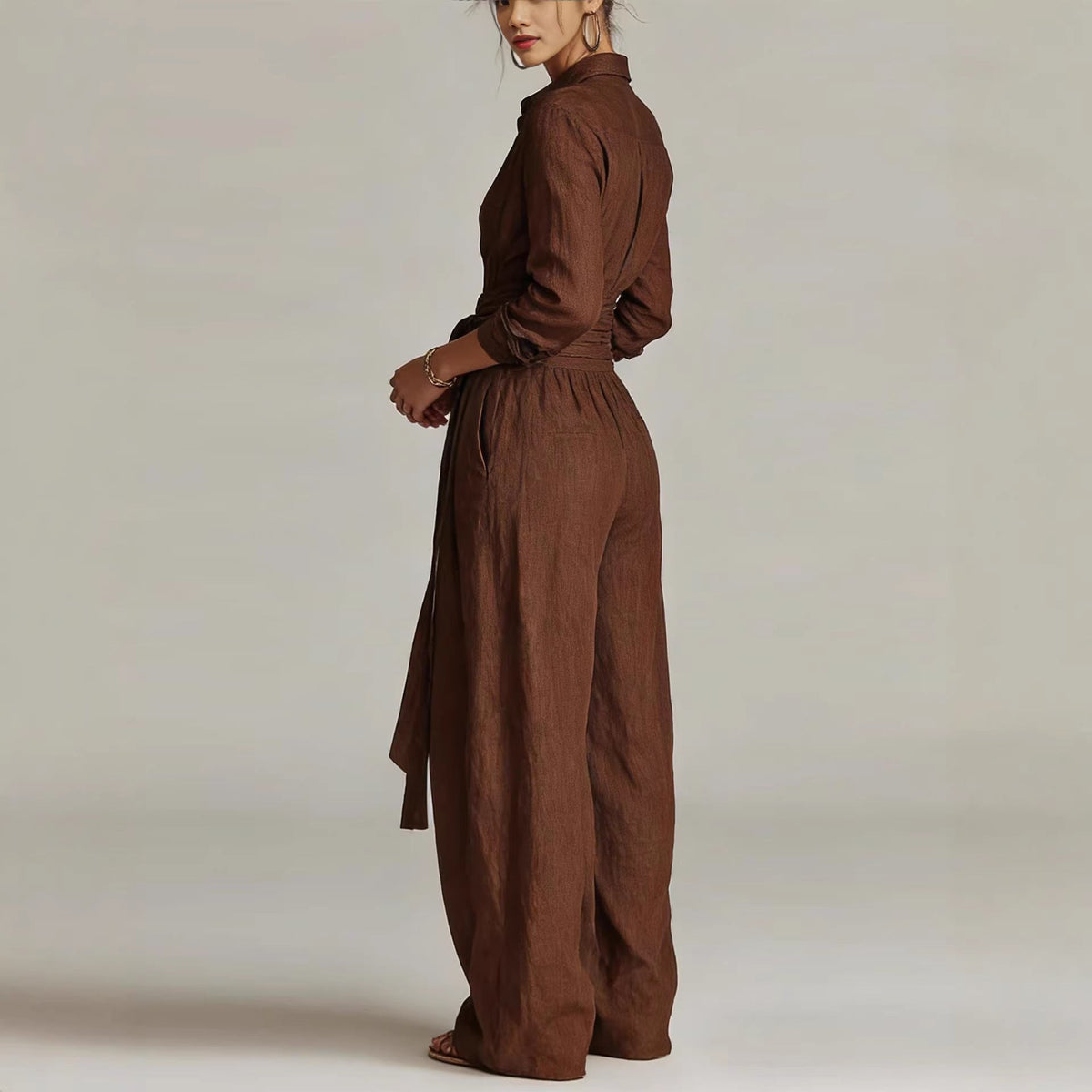 Women's Shirt‑Style Self‑Tie Belt Wide‑Leg Jumpsuit